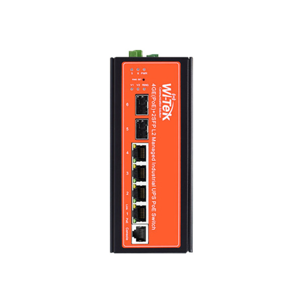 Switch PoE gestionable L2 Wi-Tek para energía Solar. 4 puertos PoE 10/100/1000Mbps. 2 ranuras SFP de 1000Mbps. 1 puerto consola.