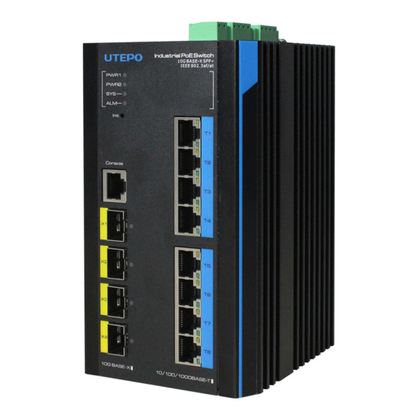 UTEPO UTP7608GE-POE-IE Switch Industrial Fast-Ring PoE 8 puertos Gigabit + 4 Uplink 10G SFP 240W 802.3af/at 6KV - Layer 3