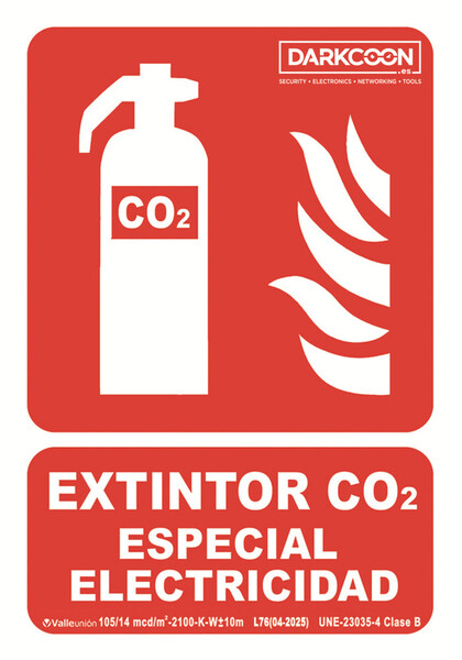 VALLEUNION P-148 Señal Extintor CO2 contra incendios fotoluminiscente, especial electricidad, homologada Clase B.