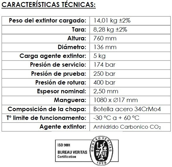 VALLEUNION VU-5-CO2 Extintor CO2 5Kg Dióxido Carbono, eficacia 89B con soporte pared. Certificado, homologado y marcado CE. (3)
