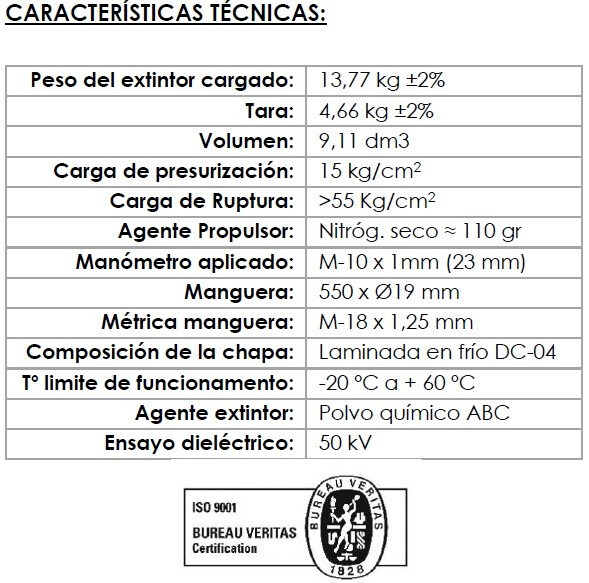 VALLEUNION VU-9-PP Extintor polvo ABC 9Kg eficacia 34A144BC con soporte y base metal. Certificado, homologado y marcado CE. (3)