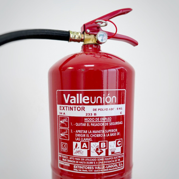 VALLEUNION VU-9-PP Extintor polvo ABC 9Kg eficacia 34A144BC con soporte y base metal. Certificado, homologado y marcado CE. (1)