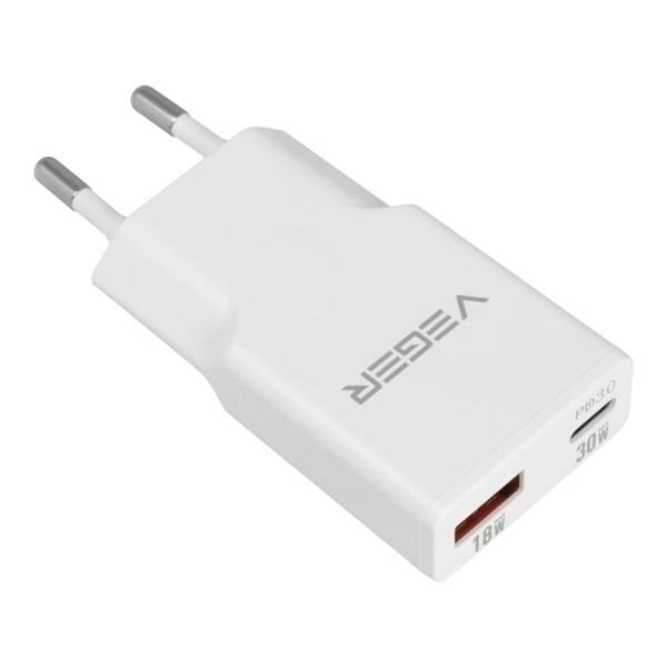 VEGER VG-30W1A1C VEGER - Cargador USB QC3.0 / PD3.0 - Potencia 30W - Carga 2 dispositivos a la vez - Salidas USB-A, USB-C  - Col