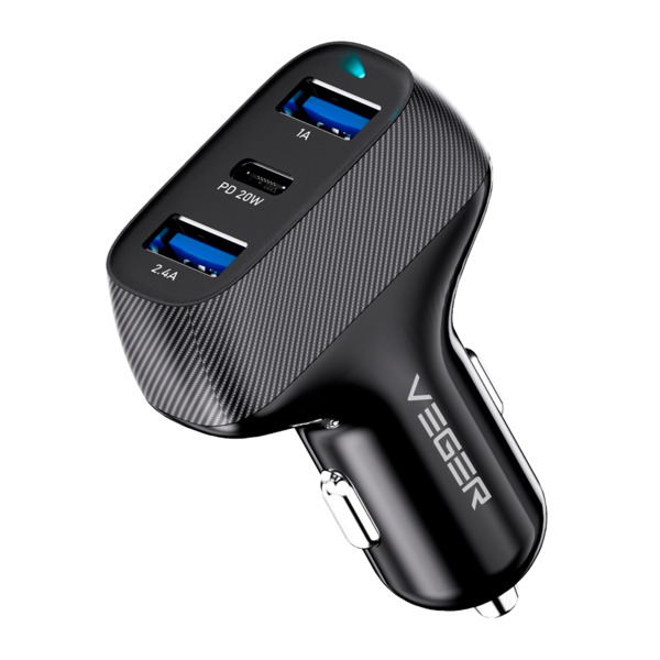 VEGER VG-CC271-2A1C VEGER - Mechero coche - Potencia 37W - Carga rápida 20W - Salidas 2x USB-A, 1x USB-C - Color negro