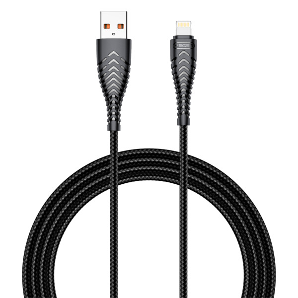 VEGER VG-V105 Veger - Cable USB2.0 - USB-A a Lightning - Cubierta de plástico, Nylon trenzado - Longitud 1.2m - Color negro