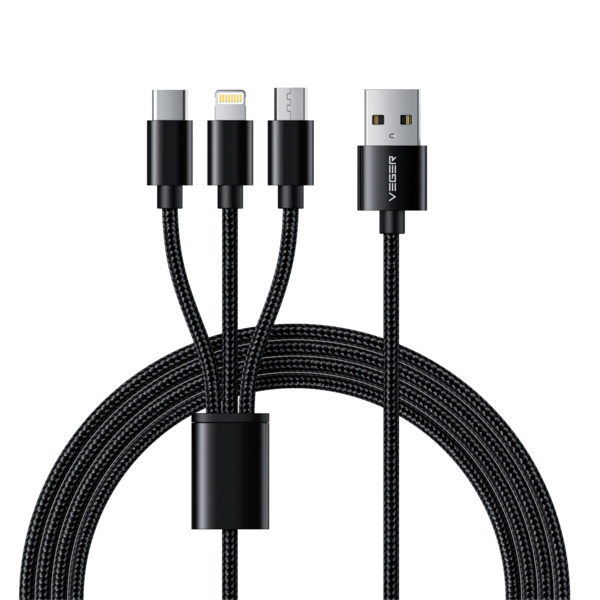 VEGER VG-V303 Veger - Cable USB 3 en 1 - USB-A a USB-C, Lightning y Micro-USB - Cubierta de metal, Nylon trenzado - Longitud 1.