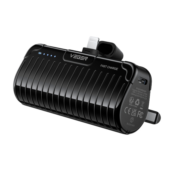 VEGER VG-W0558P VEGER Mini Power bank con LEDs carga - Capacidad 5000mAh - Entrada USB-C - Salida Conector Lightning - Carga 1 d
