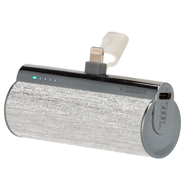 VEGER VG-W0573P-S VEGER Mini Power bank con LEDs carga - Capacidad 5000mAh - Entrada USB-C - Salida Conector Lightning - Carga 1