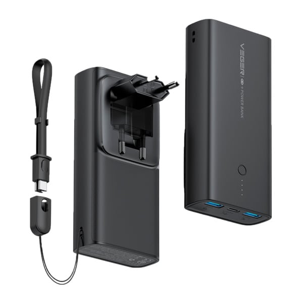 VEGER VG-W1146 VEGER Power bank con LEDs de carga - Capacidad 10000mAh - Entradas AC, USB-C  - Salidas USB-C, 2x USB-A - Carga 3