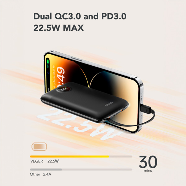 VEGER VG-W1170 VEGER Power bank con pantalla LCD - Capacidad 10000mAh - Entradas Lightning, USB-C, Cable USB-C - Salidas USB-A, (3)