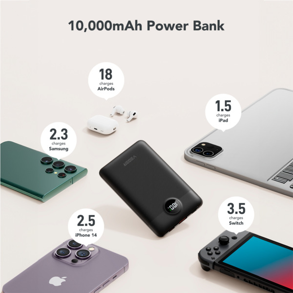 VEGER VG-W1170 VEGER Power bank con pantalla LCD - Capacidad 10000mAh - Entradas Lightning, USB-C, Cable USB-C - Salidas USB-A, (5)