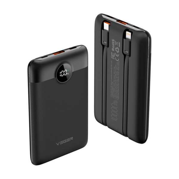 VEGER VG-W1170 VEGER Power bank con pantalla LCD - Capacidad 10000mAh - Entradas Lightning, USB-C, Cable USB-C - Salidas USB-A,