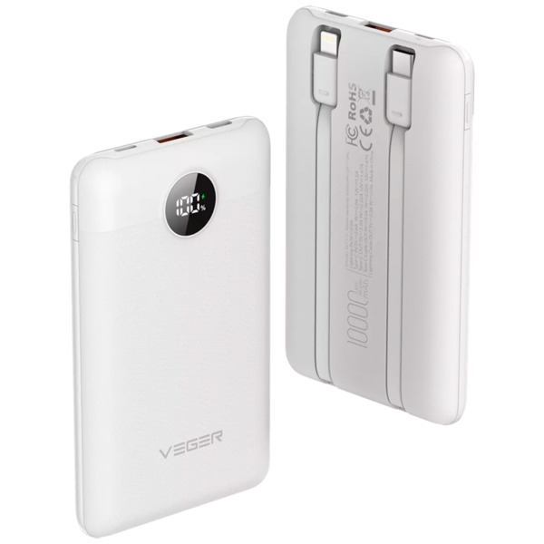 VEGER VG-W1170-W VEGER Power bank con pantalla LCD - Capacidad 10000mAh - Entradas Lightning, USB-C, Cable USB-C - Salidas USB-A
