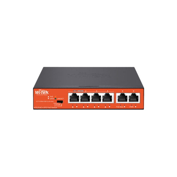 Switch PoE no gestionable Wi-Tek de gama comercial. 4 puertos PoE 10/100 Mbps. 2 puertos Uplink RJ45 10/100 Mbps. Entrega PoE to