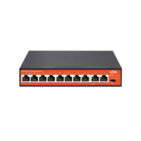 Switch PoE no gestionable Wi-Tek de gama comercial. 8 puertos PoE 10/100 Mbps. 2 puertos RJ45 10/100 Mbps. Entrega PoE total de