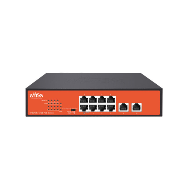 Switch PoE no gestionable Wi-Tek de gama comercial. 8 puertos PoE 10/100 Mbps. 2 puertos Uplink RJ45 Gigabit. Entrega PoE total