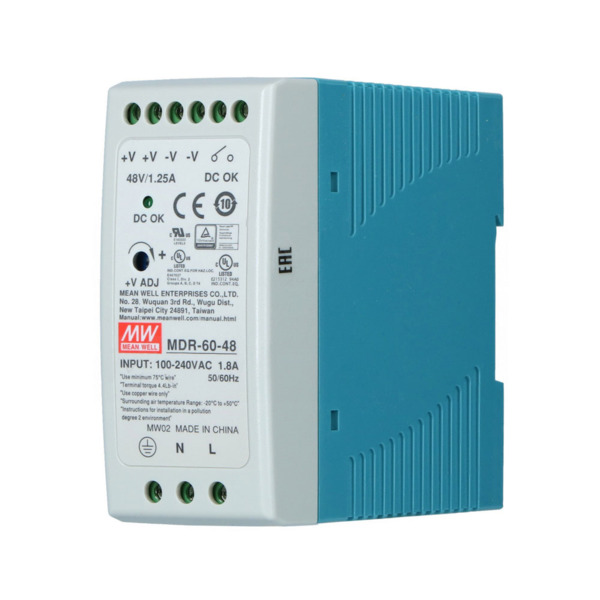 Wi-Tek WITEK-0062 MDR-60-48 Fuente de alimentación Industrial de 48V/60W. Rango completo / entrada CA universal. Protecciones de