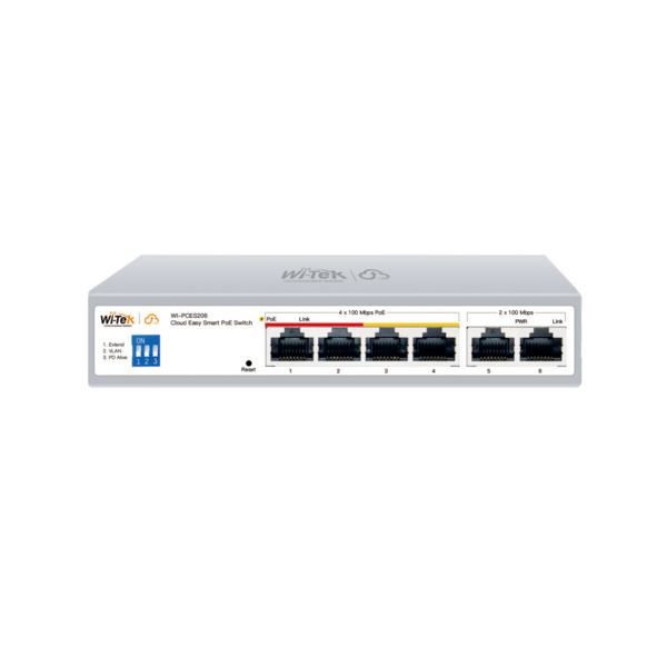 Wi-Tek WITEK-0141 WI-PCES206 Switch PoE gestionado en la nube. 4 puertos PoE Fast Ethernet. 2 puertos Uplink RJ45 Fast Ethernet.