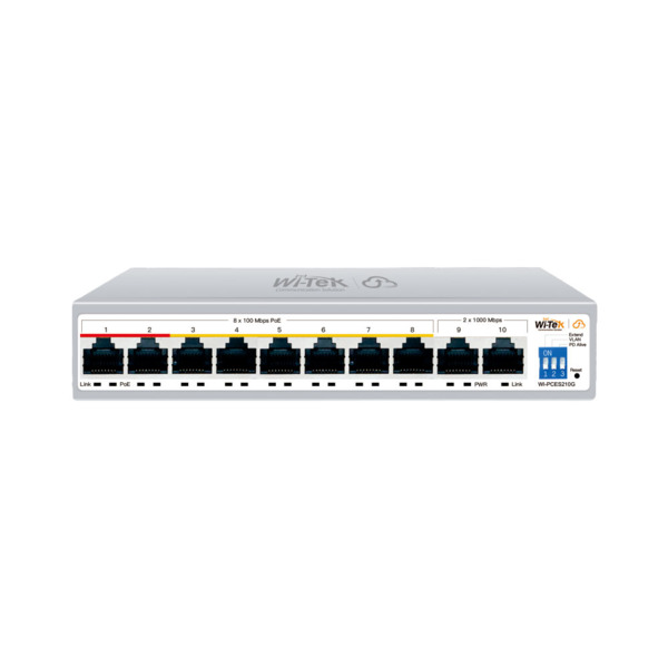 Wi-Tek WITEK-0142 WI-PCES210G Switch PoE gestionado en la nube. 8 puertos PoE Fast Ethernet. 2 puertos Uplink RJ45 Gigabit. Entr