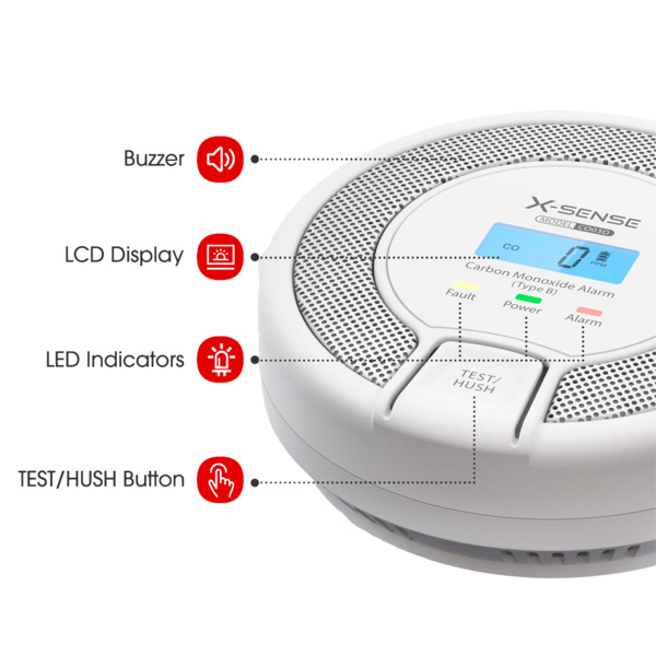 X-SENSE CO03D Detector de CO autónomo X-Sense - Batería reemplazable - Indicador luminoso de alarma - Alarma sonora 85 dB a 3m - (1)