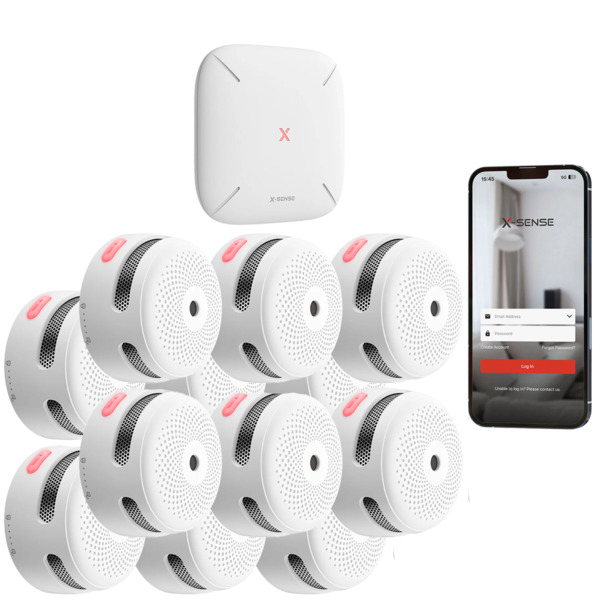 X-SENSE FS121 Kit de detección de incendio autónomo X-Sense - Inlcuye 12 detectores de humo XS01-M y Hub SBS50 - Conexión con HU