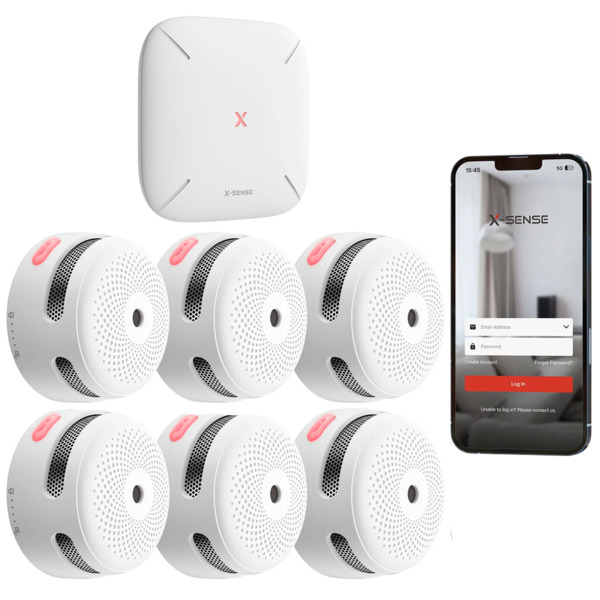 X-SENSE FS61 Kit de detección de incendio autónomo X-Sense - Inlcuye 6 detectores de humo XS01-M y Hub SBS50 - Conexión con HUB